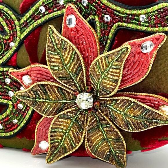 Mary Frances Vintage Christmas Beaded Baguette Hard Shell Handbag Poinsettia - Picture 2 of 15